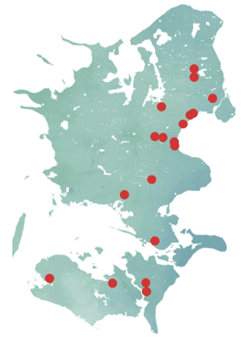 Kort over sjælland og øerne, hvor der er deltagende skole og institutioner er repræsenteret som en prik på kortet.